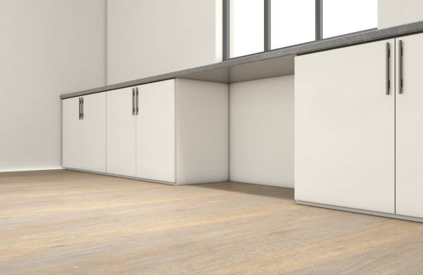 Kitchen Interior Cupboards An interior of a very clean empty kitchen with a row of built in cupboards with an empty gap and a clear window - 3D render allocate stock pictures, royalty-free photos & images