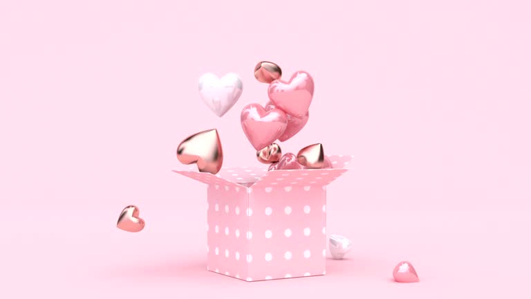 open gift box many heart shape drop 3d rendering digital motion