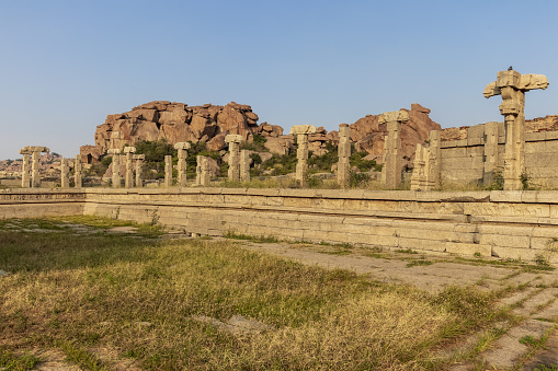 Ancient civilization in Hampi. India, State Karnataka. Old Hindu temples and ruins.