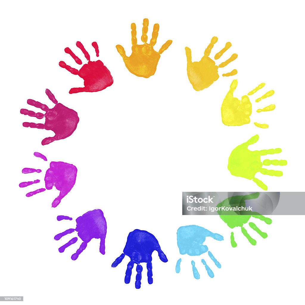 Colorful hands prints Set of colorful hand prints in rainbow order isolated on white background Color Image Stock Photo