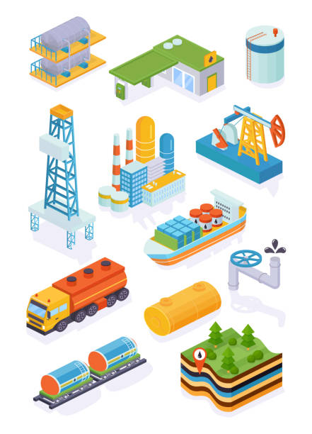 ilustrações de stock, clip art, desenhos animados e ícones de set oil industry. buildings, transportation, kandscape with deposits of minerals. - isometric gas station transportation car