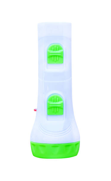 istock White plastic flashlight with green edge in vertical isolated on white background with clipping path 1091634186