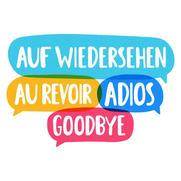 Vector illustration of Auf wiedersehen, au revoir, adios, goodbye. Hand drawn vector icon illustrations on white background.