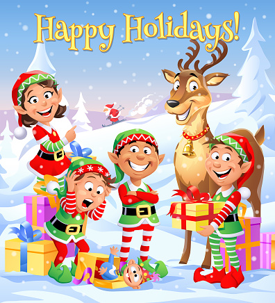 Four cheerful Christmas elves and a deer standing in a winter landscape. In the background Santa Claus is skiing. Christmas greeting card with text 