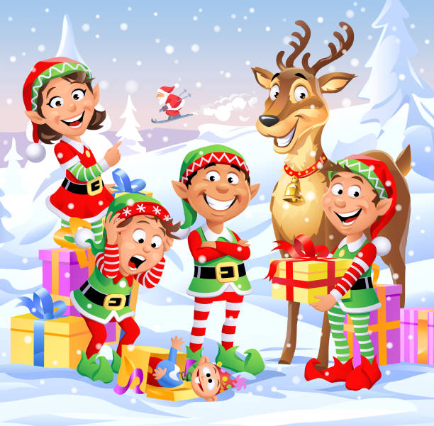 Santa's Helpers Four cheeful Christmas elves and a deer standing in a winter landscape. In the background Santa Claus is skiing. Vector illustration, fully editable and labeled in layers. elf stock illustrations