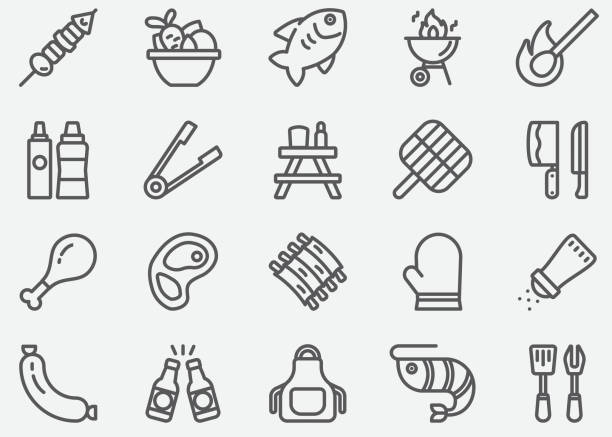 ilustraciones, imágenes clip art, dibujos animados e iconos de stock de barbacoa barbacoa parrilla línea iconos - cooking clothing foods and drinks equipment