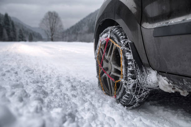 istock Snow chains on tire at winter road 1091642540
