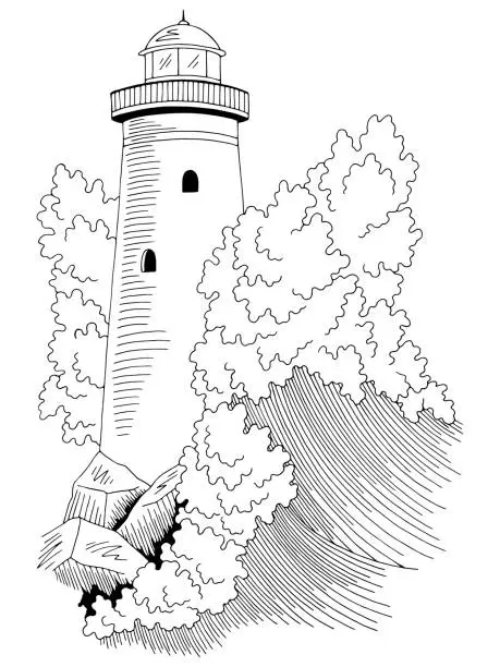 Vector illustration of Lighthouse sea storm wave graphic black white seascape sketch illustration vector