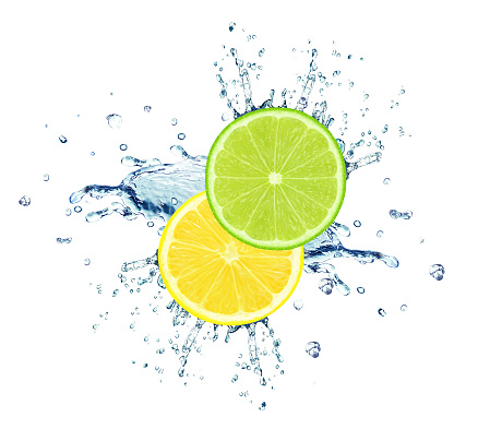 lime and lemon slice water splash isolated on white