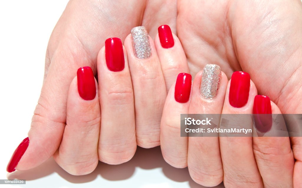 Womans Nails With Beautiful Red Manicure Fashion Design With Gems Isolated  Stock Photo - Download Image Now - iStock