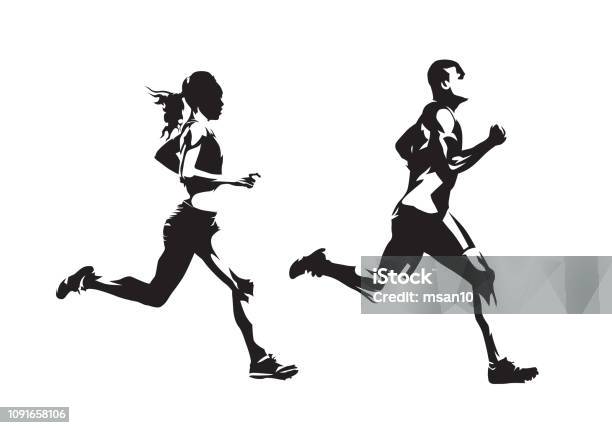 ランニング男性と女性インク図面孤立したベクトルシルエット実行サイドビュー - 走るのベクターアート素材や画像を多数ご用意 - 走る, 男性, アイコン