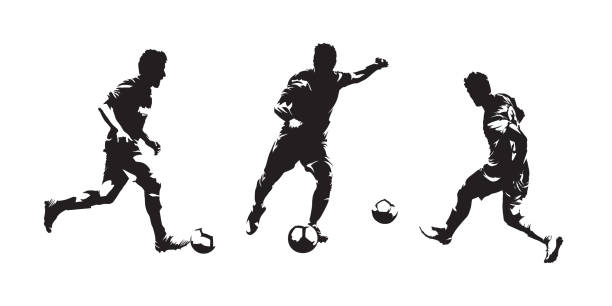 Group of soccer players isolated vector silhouettes. Set of european football ink drawings Group of soccer players isolated vector silhouettes. Set of european football ink drawings image computer graphic little boys men stock illustrations