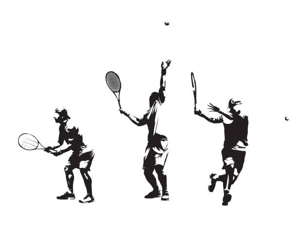 gruppe von tennisspielern, satz von vektorsilhouetten. isolierte freihandzeichnungen - forehand stock-grafiken, -clipart, -cartoons und -symbole