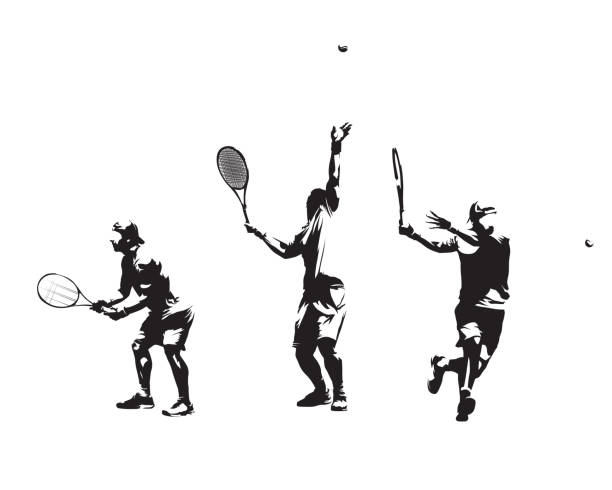 ilustrações de stock, clip art, desenhos animados e ícones de group of tennis players, set of vector silhouettes. isolated ink drawings - ténis desporto com raqueta ilustrações