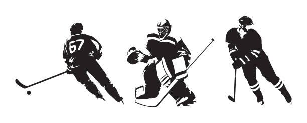 hockeyspieler, gruppe isolierter vektorsilhouetten. eishockey-tuschezeichnungen - winter sport team sport hockey puck sport stock-grafiken, -clipart, -cartoons und -symbole