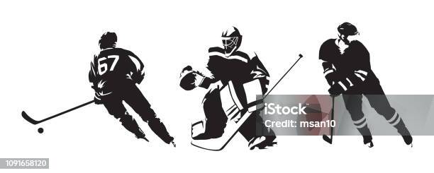 Hockey Players Group Of Isolated Vector Silhouettes Ice Hockey Ink Drawings Stock Illustration - Download Image Now