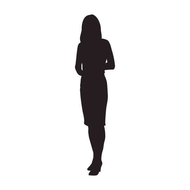 illustrazioni stock, clip art, cartoni animati e icone di tendenza di donna d'affari in piedi, vettore isolato silhouette - skirt clothing vector personal accessory