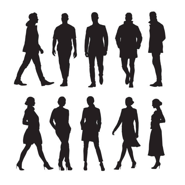 geschäftsleute, isolierte gruppe von männern und frauen vector silhouetten - shoe men dress shoe dress stock-grafiken, -clipart, -cartoons und -symbole