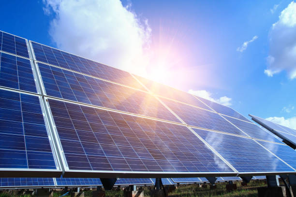 Solar panel, alternative electricity source - concept of sustainable resources, And this is a new system that can generate electricity more than the original, This's the sun tracking systems stock photo