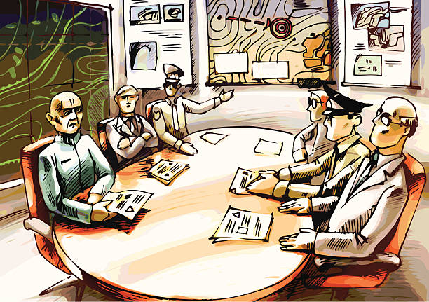 Headquarters The officers and the commanders are deliberating.   government drawings stock illustrations