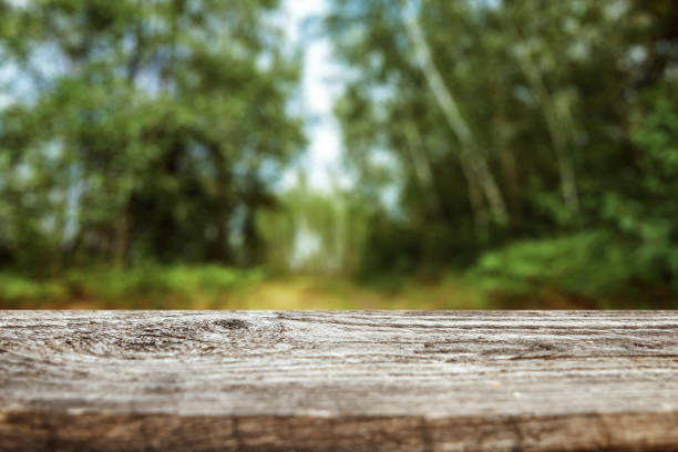 istock An empty wooden table overlooking a blurred green bokeh background, copy space for your text. Creative background, place for installation. Nature concept 1091664648