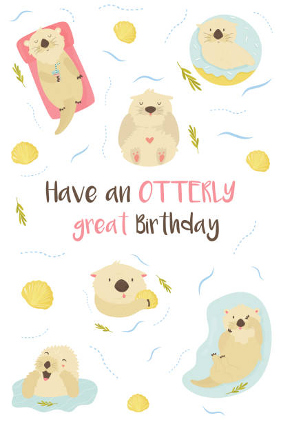 urodziny pozdrowienia cad z cute wydry. zabawna impreza. szablon zaproszenia - humor pets loving vertical stock illustrations