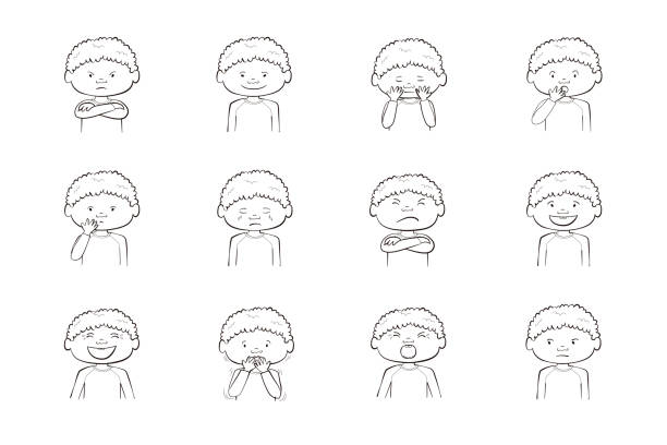 African-American boy showing different emotions African-American boy showing different emotions. Collection of 12 hand drawn illustrations isolated on white background sad african child drawings stock illustrations