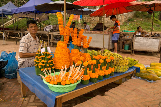 Man selling Marigold flower stupas for Monks Alms giving ceremony, Luang Prabang, Laos Luang Prabang, Laos - Oct 08 2018:  Here we a middle aged Laotian man street vendor.  He is selling Marigold flowers on an outdoor market street stall. These are sold as religious offerings to Monks at the Alms giving ceremony.  It takes place each morning at Dawn in the streets of Luang Prabang, Laos. flower market morning flower selling stock pictures, royalty-free photos & images