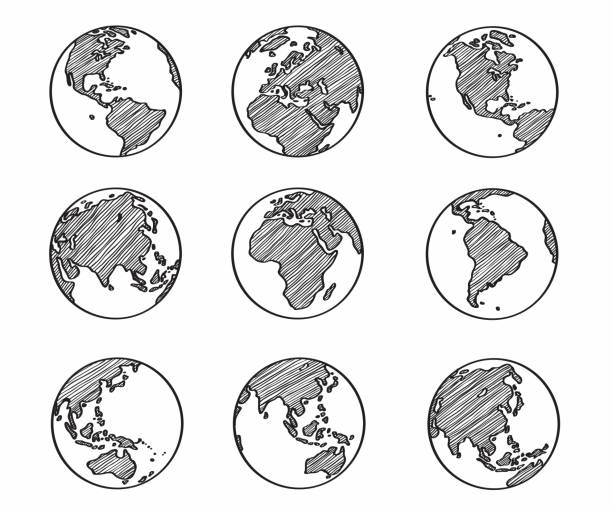 ilustraciones, imágenes clip art, dibujos animados e iconos de stock de colección de freehand mundo mapa boceto en globo. - europa continente
