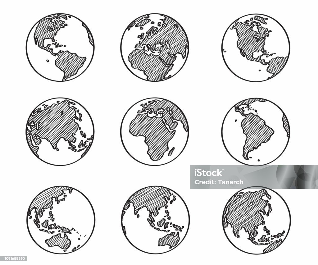 Collection of freehand world map sketch on globe. Globe - Navigational Equipment stock vector