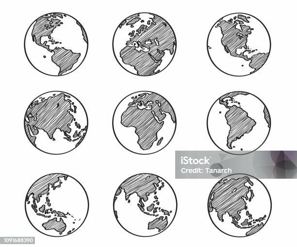 Collection Of Freehand World Map Sketch On Globe Stock Illustration - Download Image Now - Globe - Navigational Equipment, World Map, Planet Earth