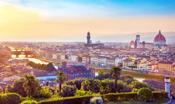 a fabulous panoramic view of florence from michelangelo square at sunset. it is a pilgrimage of tourists and romantics. duomo cathedral. italy, tuscany - romantics imagens e fotografias de stock