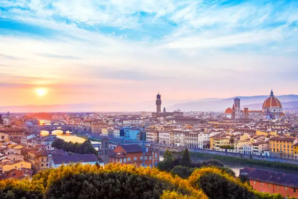 Photo of A fabulous panoramic view of Florence from Michelangelo Square at sunset. It is a pilgrimage of tourists and romantics. Duomo Cathedral. Italy, Tuscany