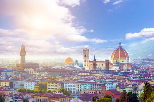 a fabulous panoramic view of florence from michelangelo square at sunset. it is a pilgrimage of tourists and romantics. duomo cathedral. italy, tuscany - romantics imagens e fotografias de stock