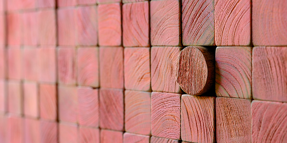 Many square wood grain textured colorful pink wooden blocks stacked up on top of each other with one block standing out from the crowd being round, creating a wood grained abstract background. Selective focus being on the round block.