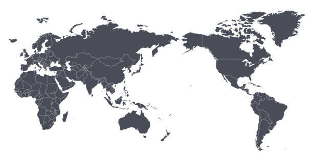 stockillustraties, clipart, cartoons en iconen met vector wereld kaart overzicht contour silhouet met internationale grenzen - azië in center - illustraties van middellandse zee