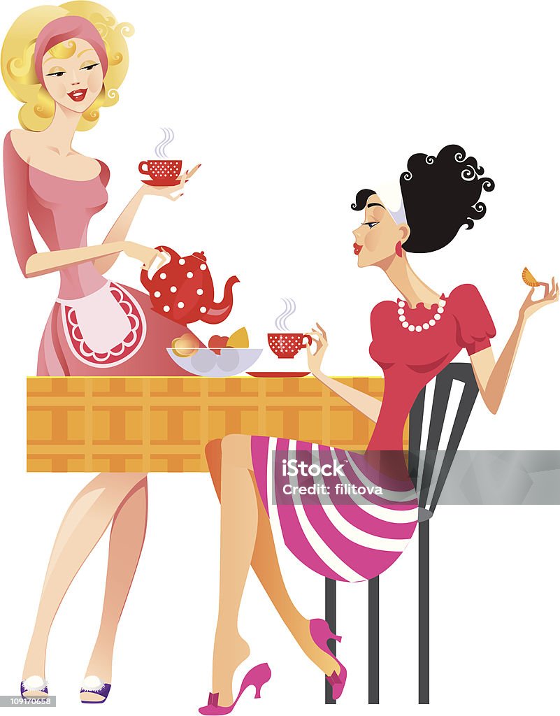 tea party two pretty girl drink tea with cakes Adult stock vector