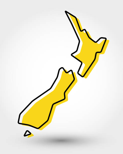 yellow outline map of New Zealand yellow outline map of New Zealand, stylized concept new zealand stock illustrations