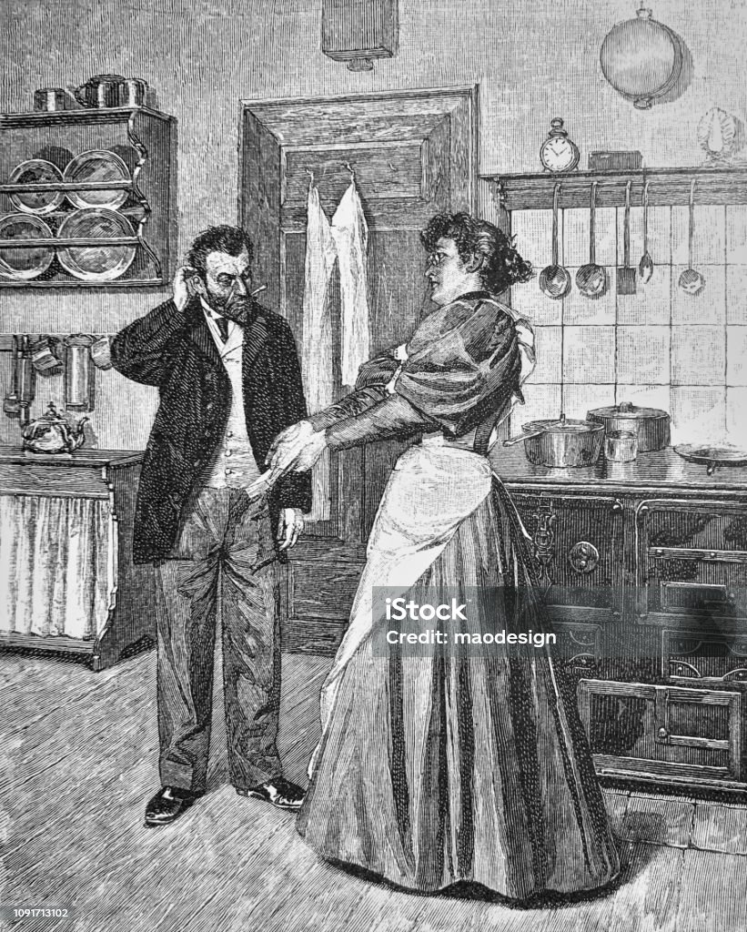 Conversation with the kitchen maid about the money spent - 1896 1895 stock illustration