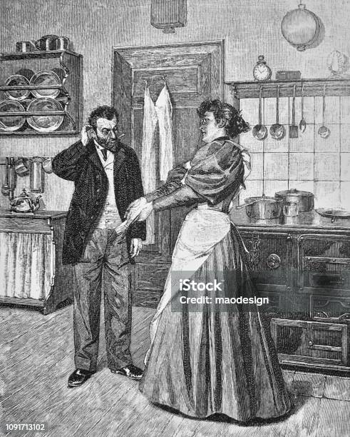 Conversation With The Kitchen Maid About The Money Spent 1896 Stock Illustration - Download Image Now