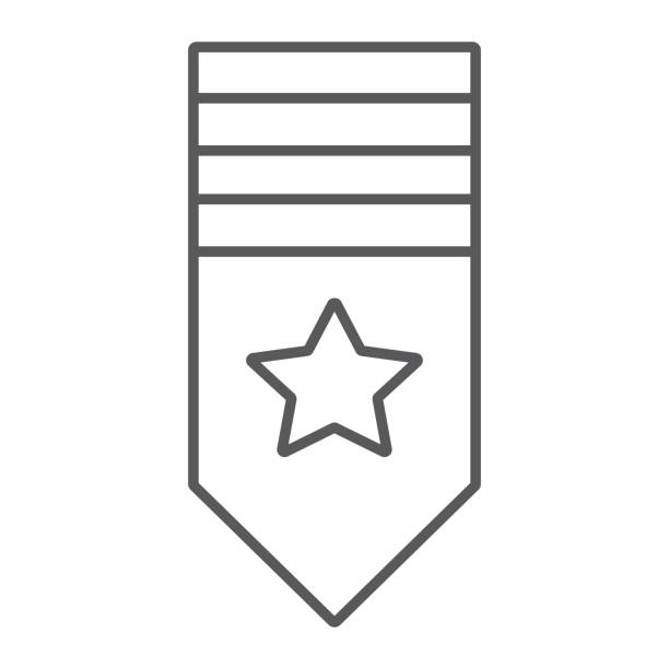ranga ramię cienka ikona linii, odznaka i armia, znak epaulette, grafika wektorowa, liniowy wzór na białym tle. - medal bronze medal military star shape stock illustrations