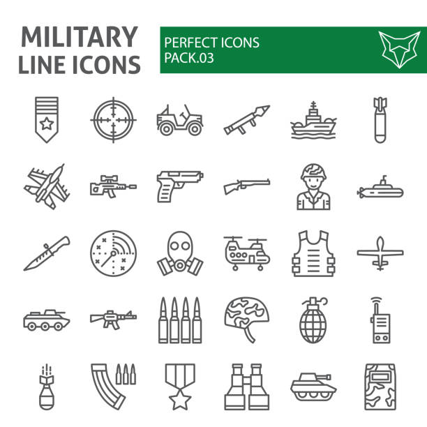 illustrazioni stock, clip art, cartoni animati e icone di tendenza di set di icone della linea militare, raccolta di simboli dell'esercito, schizzi vettoriali, illustrazioni di logo, segni di guerra pacchetto pittogrammi lineari isolato su sfondo bianco. - medal star shape war award