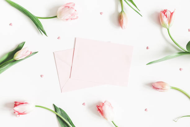 istock Valentine's Day composition. Tulip flowers, envelope on white background. Valentine's day, Mother's day concept. Flat lay, top view, copy space 1091715472