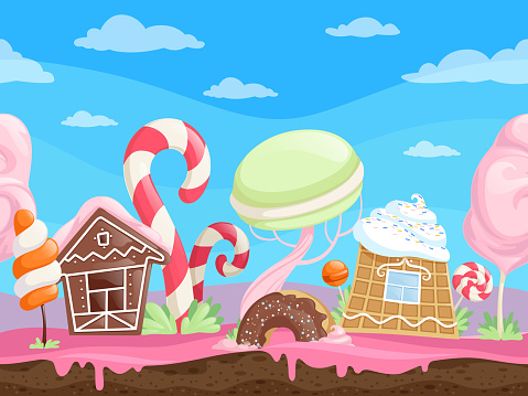 Game endless sweet landscape. Fantasy delicious background desserts candy sugar caramel chocolate biscuits lollipop vector cartoon. Illustration of sweet world gui, house building and maracon candy