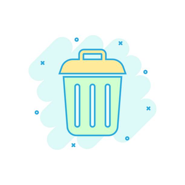 ilustrações de stock, clip art, desenhos animados e ícones de trash bin garbage icon in comic style. trash bucket vector cartoon illustration pictogram. garbage basket business concept splash effect. - 16605