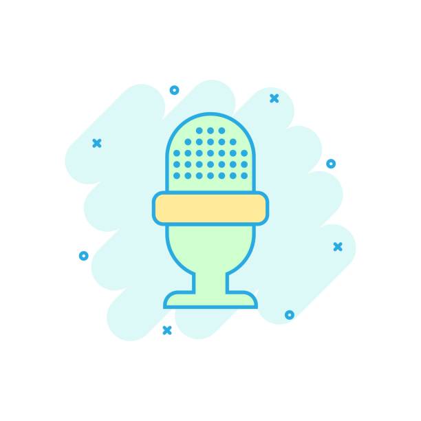 ilustrações de stock, clip art, desenhos animados e ícones de microphone icon in comic style. mic broadcast vector cartoon illustration pictogram. microphone mike speech business concept splash effect. - 16637