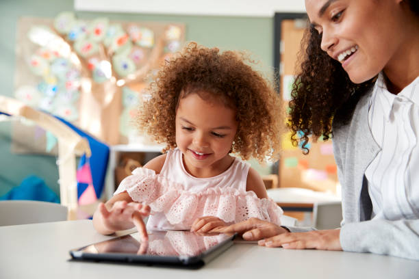 istock Young mixed race schoolgirl using a tablet computer with a female infant school teacher, working one on one together in a classroom, close up 1091725062