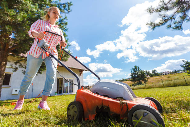 istock Woman mowing green grass 1091725442