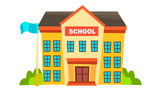 School Building Vector. Modern City University. Fasade Exterior. Brick. Isolated Cartoon Illustration