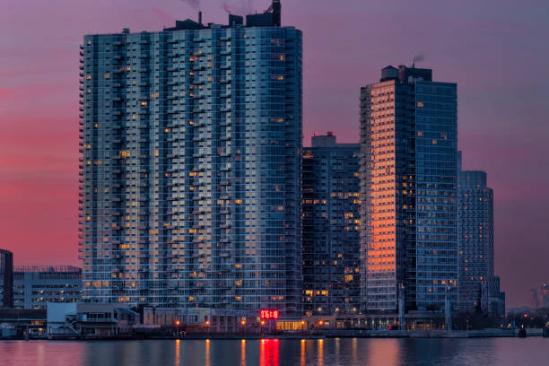 Queens, NY, USA - December 20, 2018. New Long Island City buildings from Roosevelt Island early in the morning.